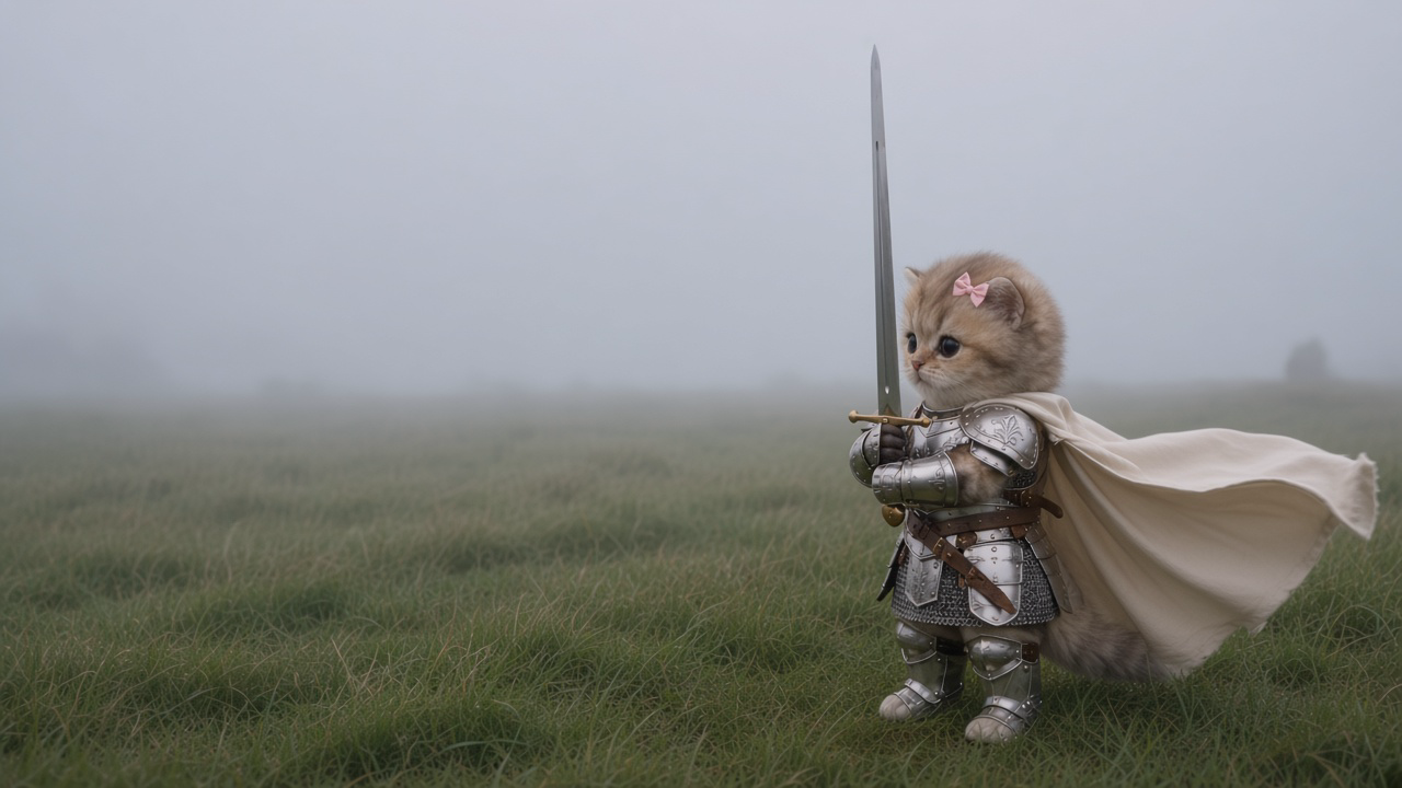Imperial Guard Kitty — ginger kitten in plate armor with sword and pink bow on a misty battlefield
